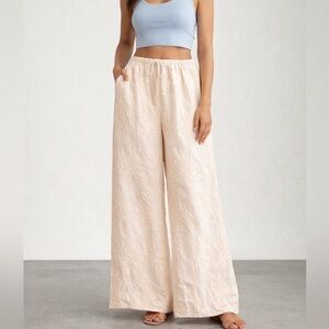 Zara Embroidered Ivory Semi-Sheer Wide Leg Pants XL Elastic Waist Boho Flowy